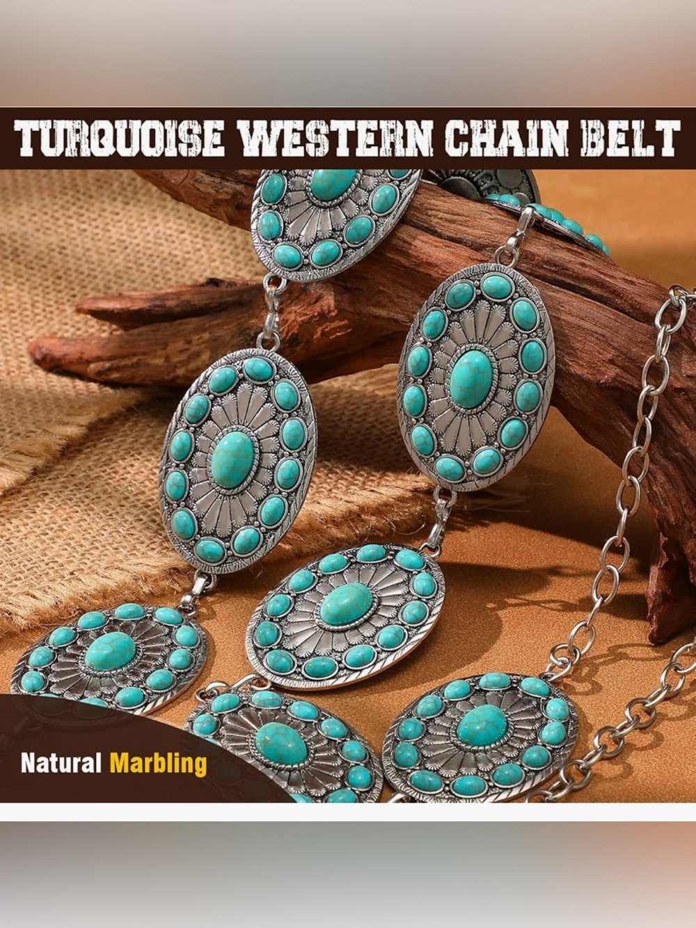Western Metal Concho Turquoise Belt for Women,Cowgirl Silver Waist Chain Belt - Picture 4 of 7
